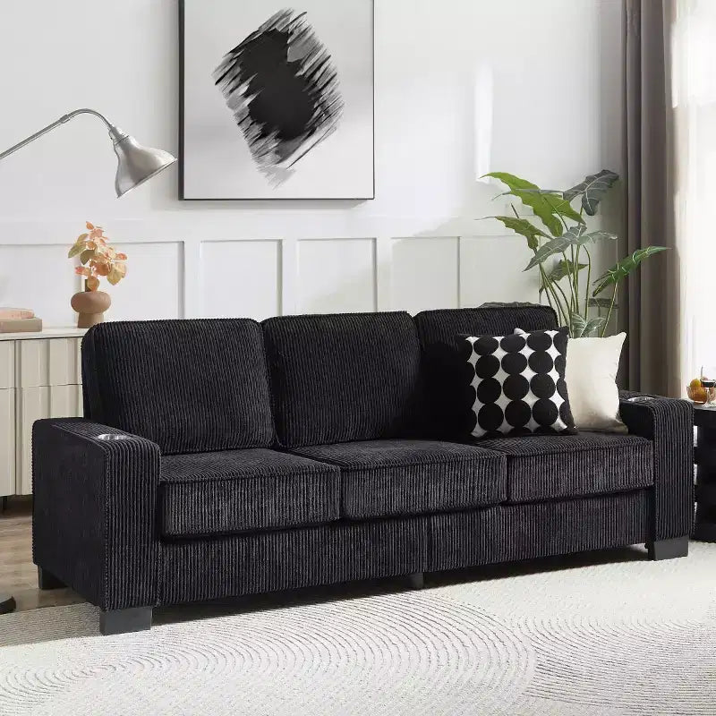 83 Corduroy Three-Seat Sofa with Cup Holders, Plush Modern Cloud Couch for Living Rooms, Compact Apartments, and Office Spaces-Panipeachy