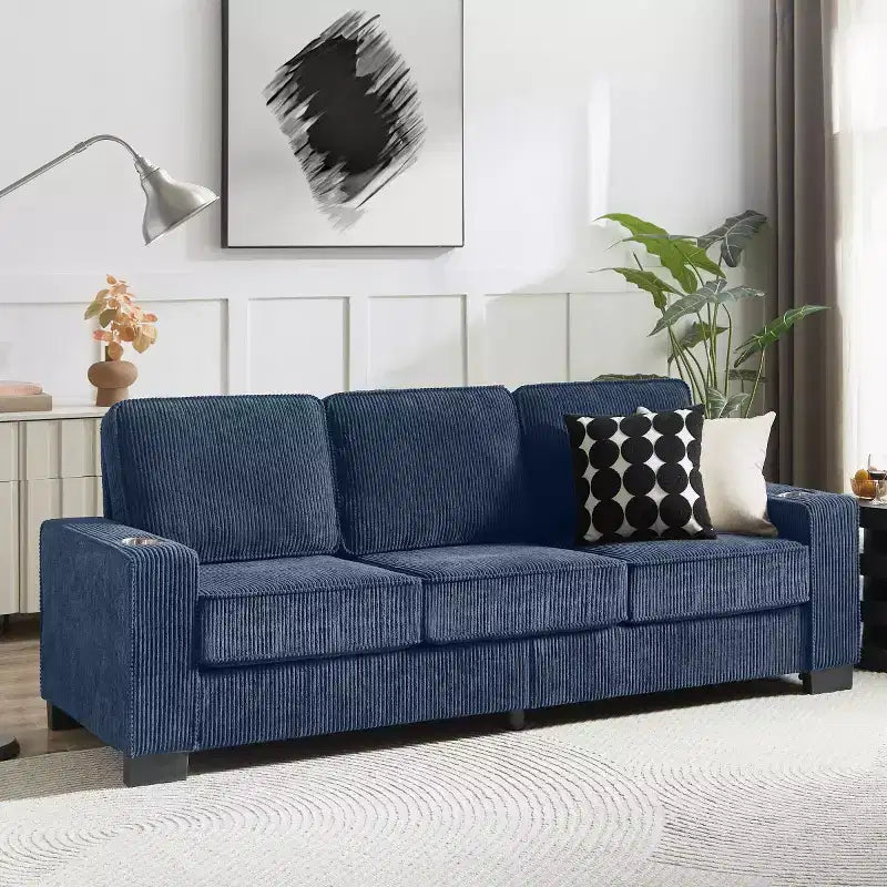 83 Corduroy Three-Seat Sofa with Cup Holders, Plush Modern Cloud Couch for Living Rooms, Compact Apartments, and Office Spaces-Panipeachy