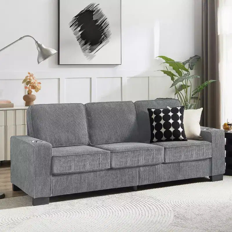 83 Corduroy Three-Seat Sofa with Cup Holders, Plush Modern Cloud Couch for Living Rooms, Compact Apartments, and Office Spaces-Panipeachy