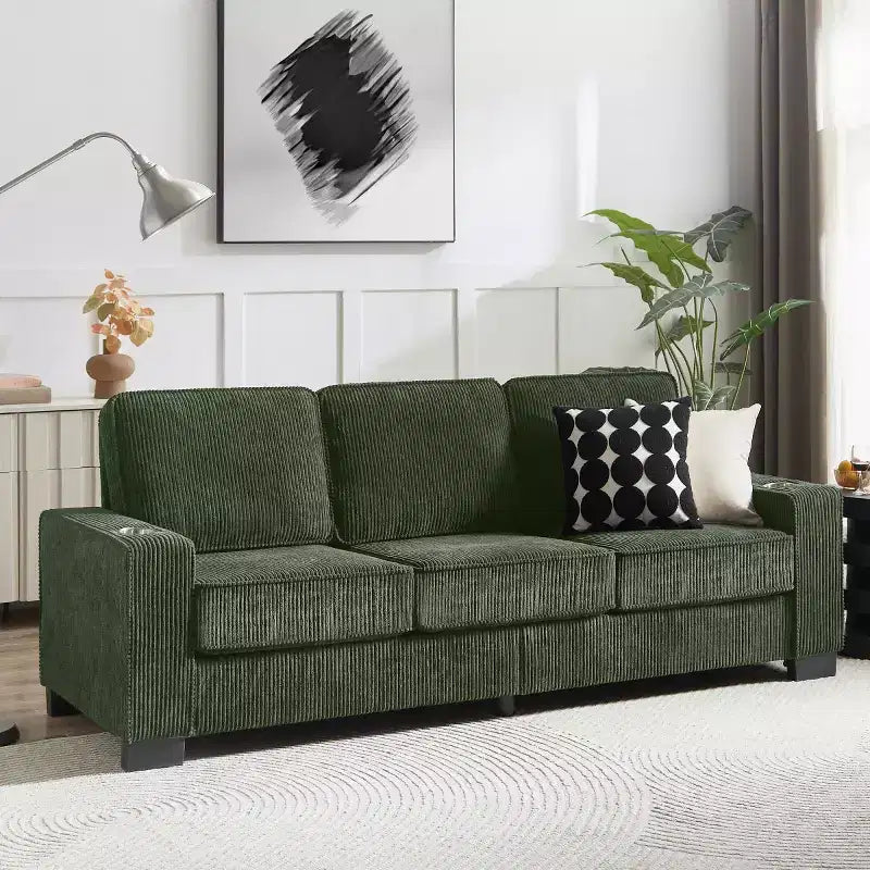 83 Corduroy Three-Seat Sofa with Cup Holders, Plush Modern Cloud Couch for Living Rooms, Compact Apartments, and Office Spaces-Panipeachy
