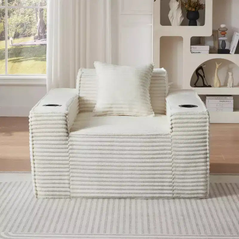 Modern Corduroy Single-Seat Sofa with Cup Holder, Comfy Deep Seat Chair for Compact Living Rooms, Apartments, and Offices-Panipeachy