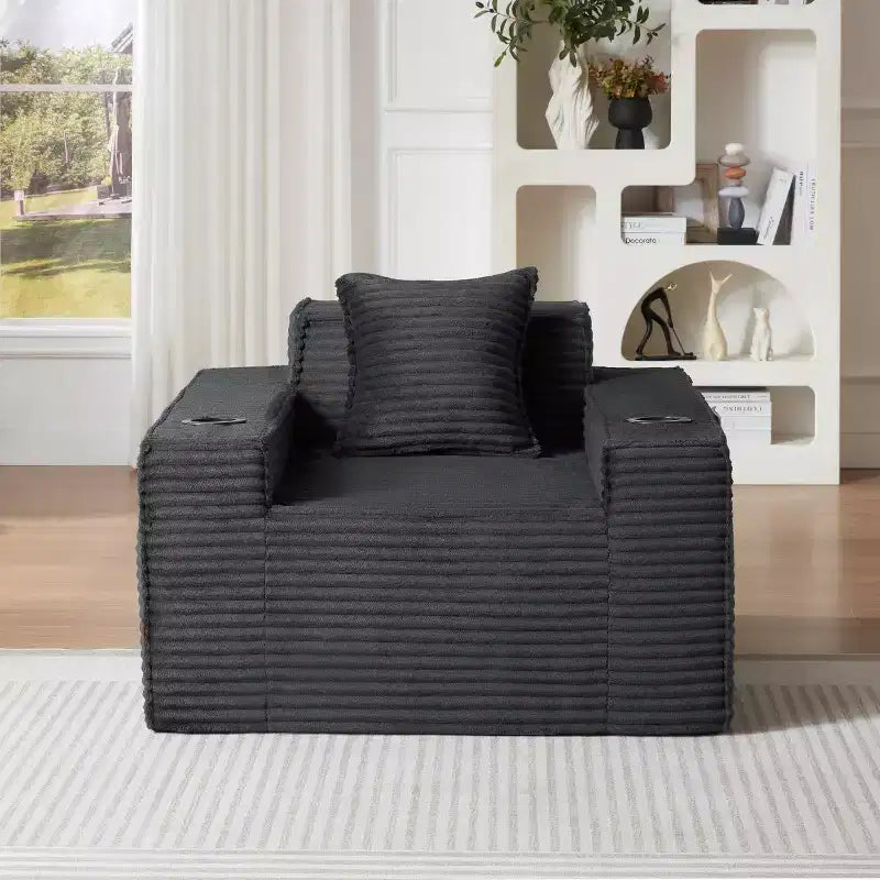 Modern Corduroy Single-Seat Sofa with Cup Holder, Comfy Deep Seat Chair for Compact Living Rooms, Apartments, and Offices-Panipeachy