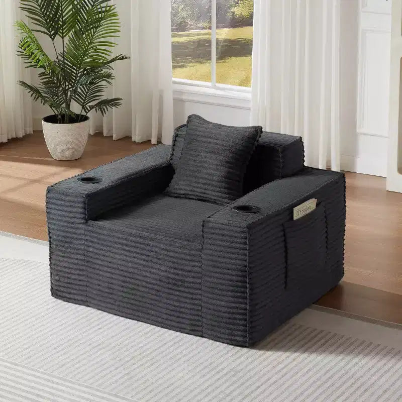 Modern Corduroy Single-Seat Sofa with Cup Holder, Comfy Deep Seat Chair for Compact Living Rooms, Apartments, and Offices-Panipeachy