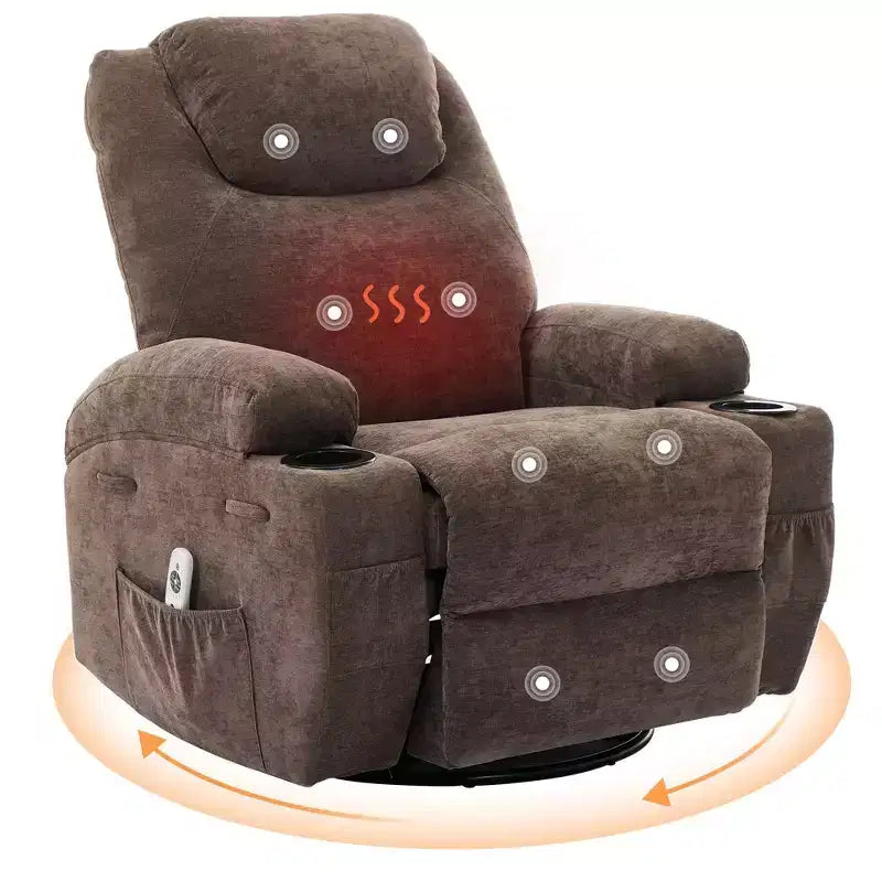Fauteuil inclinable massant et chauffant, pivotant à 360° avec – Siège surdimensionné en lin de 53 cm de large – Porte-gobelets, poche latérale