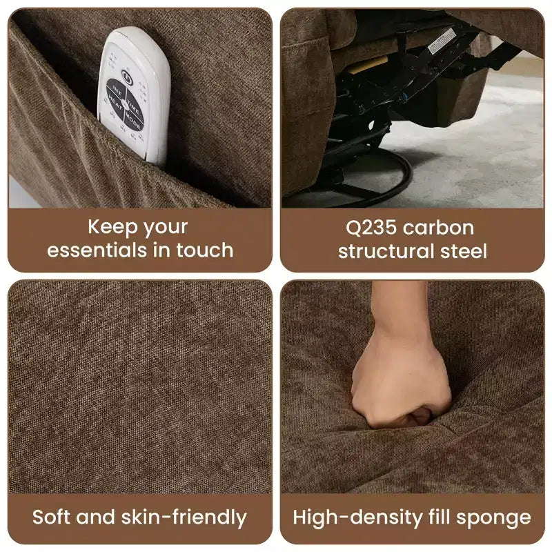 Fauteuil inclinable massant et chauffant, pivotant à 360° avec – Siège surdimensionné en lin de 53 cm de large – Porte-gobelets, poche latérale
