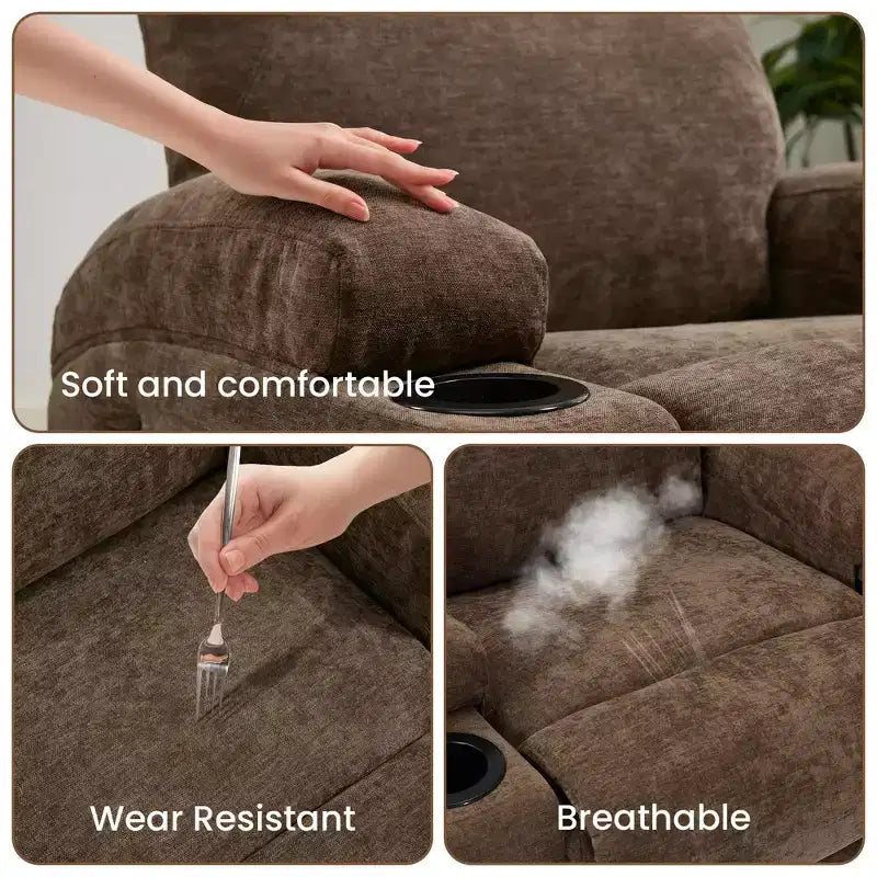 Fauteuil inclinable massant et chauffant, pivotant à 360° avec – Siège surdimensionné en lin de 53 cm de large – Porte-gobelets, poche latérale