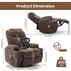 Fauteuil inclinable massant et chauffant, pivotant à 360° avec – Siège surdimensionné en lin de 53 cm de large – Porte-gobelets, poche latérale