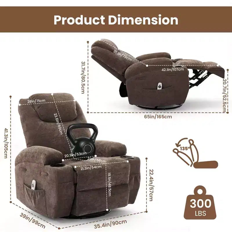 Fauteuil inclinable massant et chauffant, pivotant à 360° avec – Siège surdimensionné en lin de 53 cm de large – Porte-gobelets, poche latérale