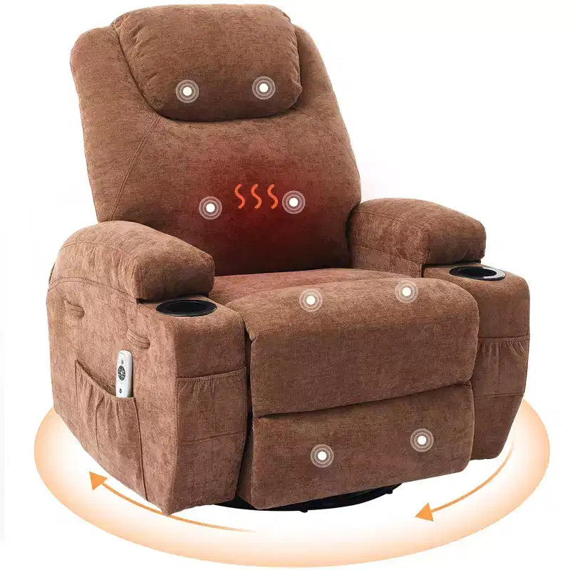 Fauteuil inclinable massant et chauffant, pivotant à 360° avec – Siège surdimensionné en lin de 53 cm de large – Porte-gobelets, poche latérale