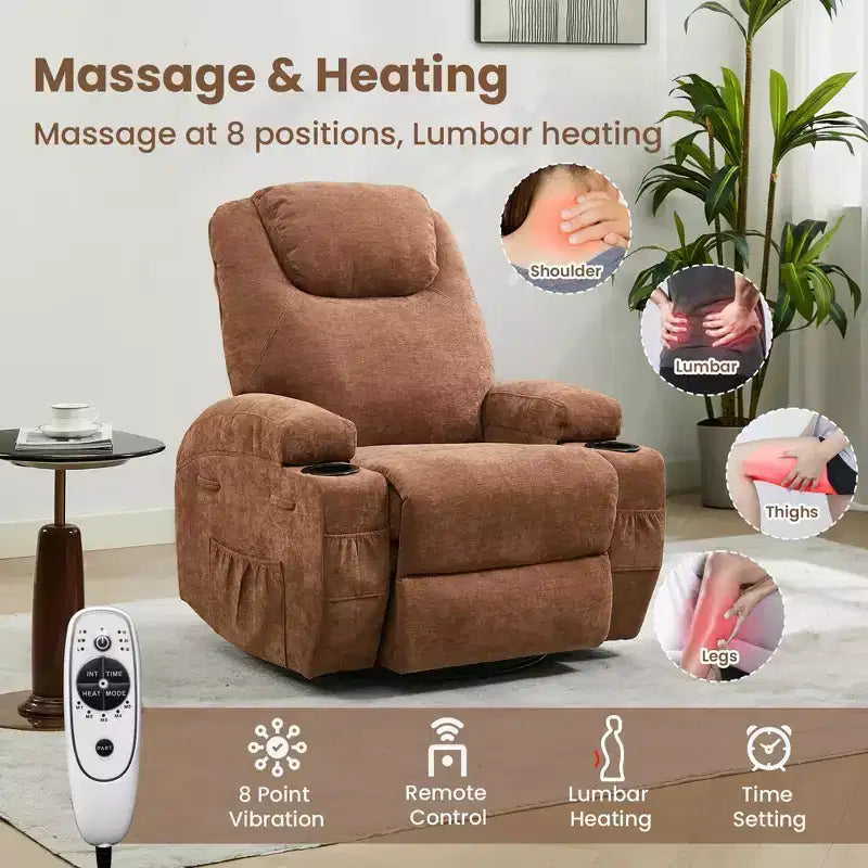 Fauteuil inclinable massant et chauffant, pivotant à 360° avec – Siège surdimensionné en lin de 53 cm de large – Porte-gobelets, poche latérale