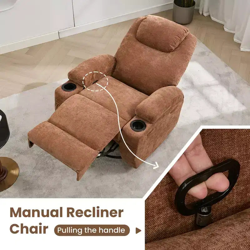 Fauteuil inclinable massant et chauffant, pivotant à 360° avec – Siège surdimensionné en lin de 53 cm de large – Porte-gobelets, poche latérale