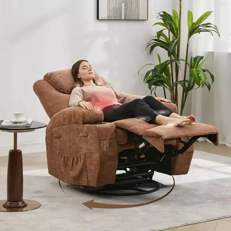 Fauteuil inclinable massant et chauffant, pivotant à 360° avec – Siège surdimensionné en lin de 53 cm de large – Porte-gobelets, poche latérale