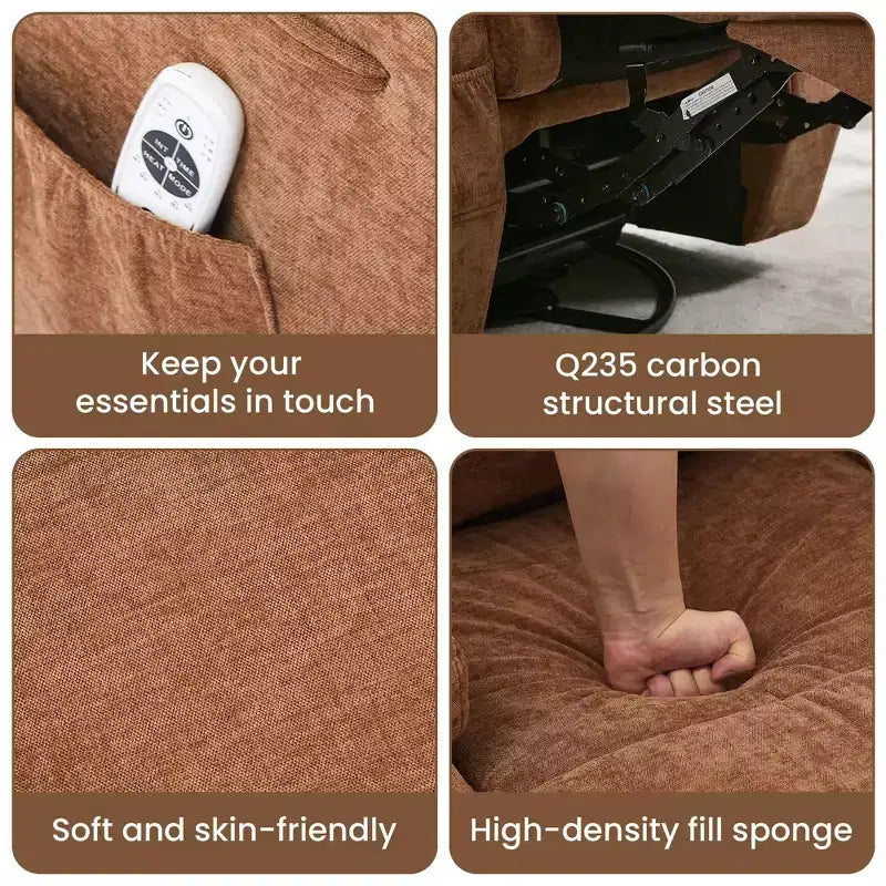 Fauteuil inclinable massant et chauffant, pivotant à 360° avec – Siège surdimensionné en lin de 53 cm de large – Porte-gobelets, poche latérale