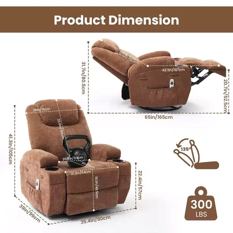 Fauteuil inclinable massant et chauffant, pivotant à 360° avec – Siège surdimensionné en lin de 53 cm de large – Porte-gobelets, poche latérale