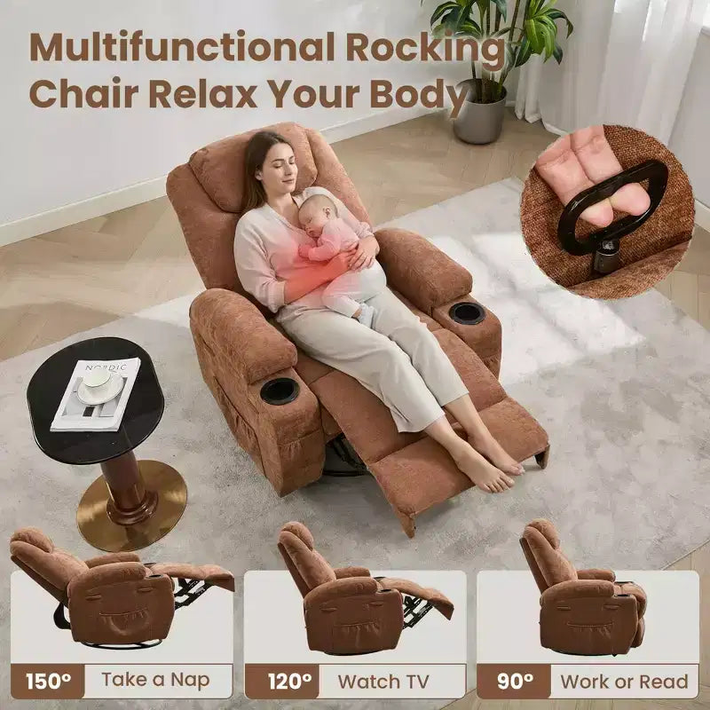 360 Swivel Massage Heating Rocker Recliner Chair with - 21 Wide Overstuffed Linen Recliner - Cup Holders, Side Pocket