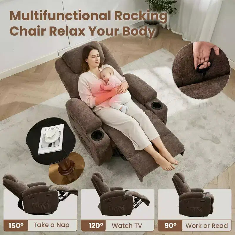360 Swivel Massage Heating Rocker Recliner Chair with - 21 Wide Overstuffed Linen Recliner - Cup Holders, Side Pocket