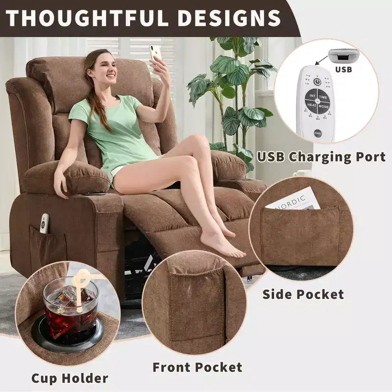 Fauteuil berçant/inclinable extra large pour salon, rotation à 360°, 3 angles d'inclinaison, double porte-gobelets avec poches latérales, canapé une place
