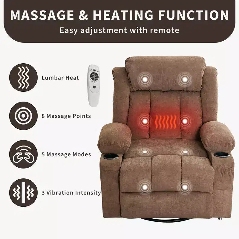 Fauteuil berçant/inclinable extra large pour salon, rotation à 360°, 3 angles d'inclinaison, double porte-gobelets avec poches latérales, canapé une place