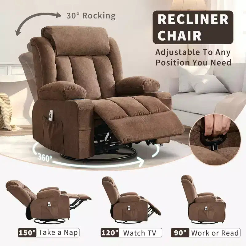Fauteuil berçant/inclinable extra large pour salon, rotation à 360°, 3 angles d'inclinaison, double porte-gobelets avec poches latérales, canapé une place