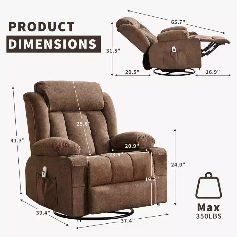 Fauteuil berçant/inclinable extra large pour salon, rotation à 360°, 3 angles d'inclinaison, double porte-gobelets avec poches latérales, canapé une place