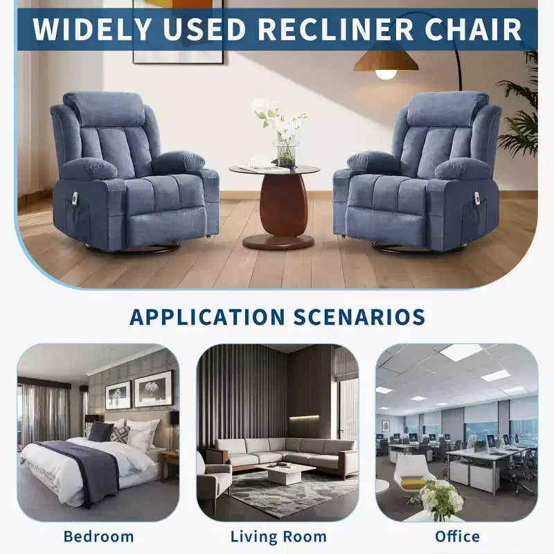Fauteuil berçant/inclinable extra large pour salon, rotation à 360°, 3 angles d'inclinaison, double porte-gobelets avec poches latérales, canapé une place