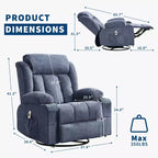 Fauteuil berçant/inclinable extra large pour salon, rotation à 360°, 3 angles d'inclinaison, double porte-gobelets avec poches latérales, canapé une place