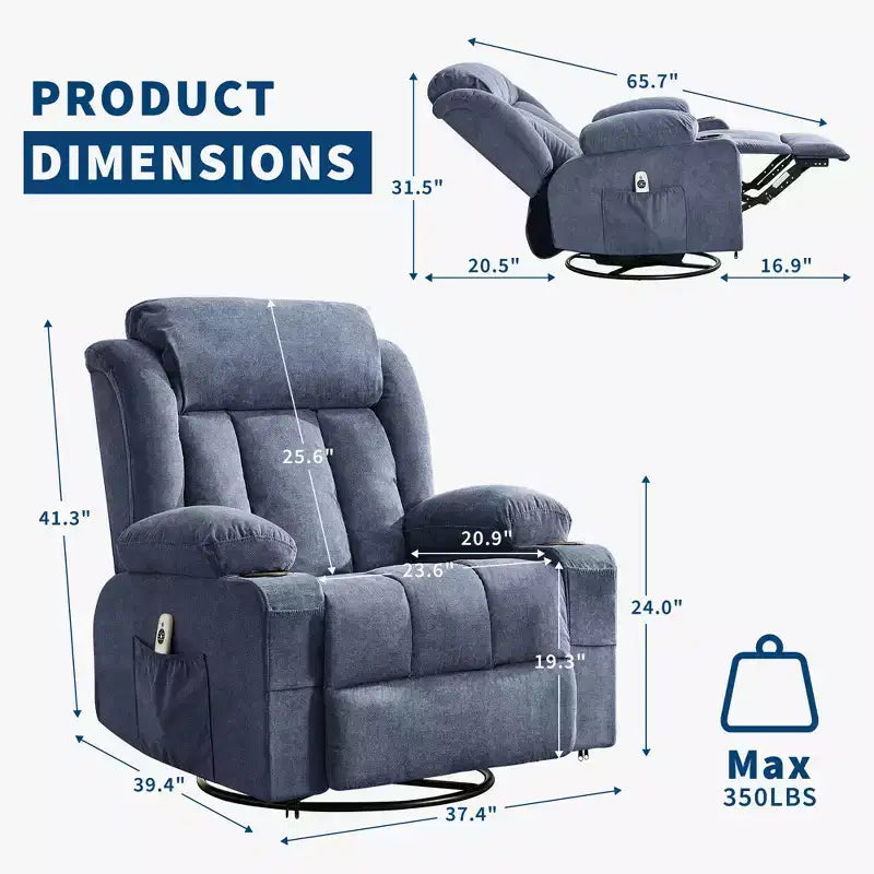 Fauteuil berçant/inclinable extra large pour salon, rotation à 360°, 3 angles d'inclinaison, double porte-gobelets avec poches latérales, canapé une place