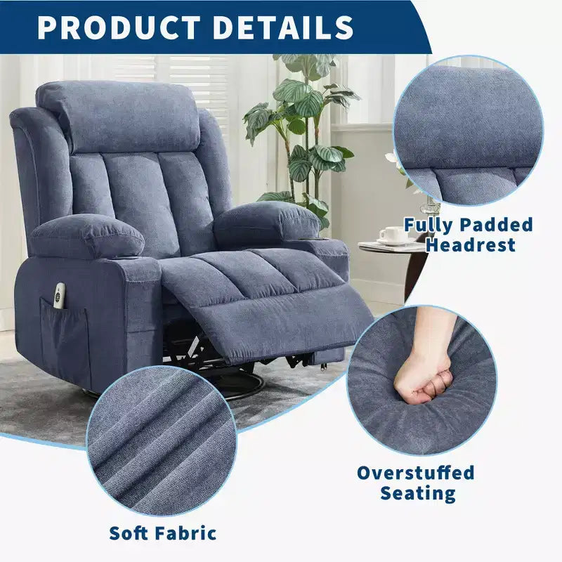 Fauteuil berçant/inclinable extra large pour salon, rotation à 360°, 3 angles d'inclinaison, double porte-gobelets avec poches latérales, canapé une place