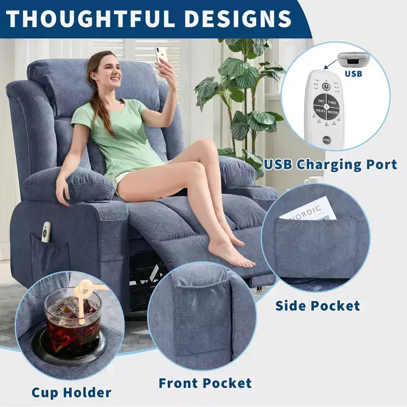 Fauteuil berçant/inclinable extra large pour salon, rotation à 360°, 3 angles d'inclinaison, double porte-gobelets avec poches latérales, canapé une place