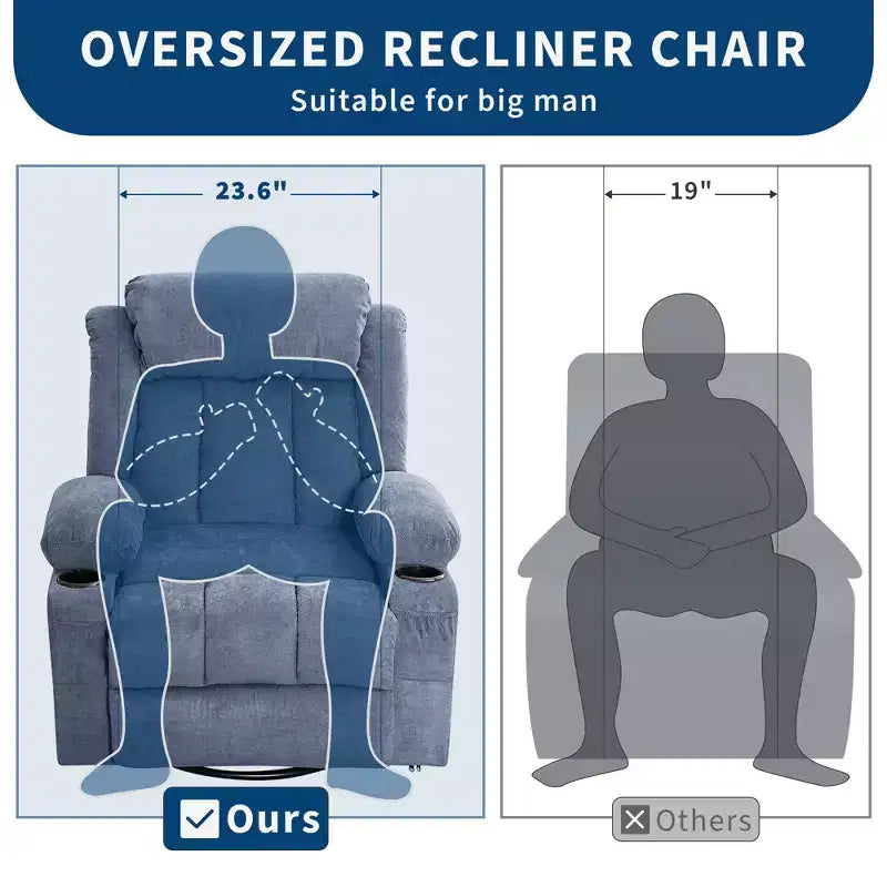 Fauteuil berçant/inclinable extra large pour salon, rotation à 360°, 3 angles d'inclinaison, double porte-gobelets avec poches latérales, canapé une place