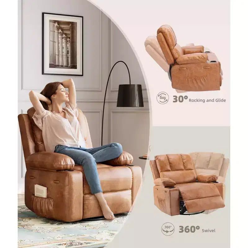 Fauteuil berçant pivotant extra-large avec fonctions chauffantes et massantes, dossier réglable manuellement, soutien ergonomique, deux porte-gobelets