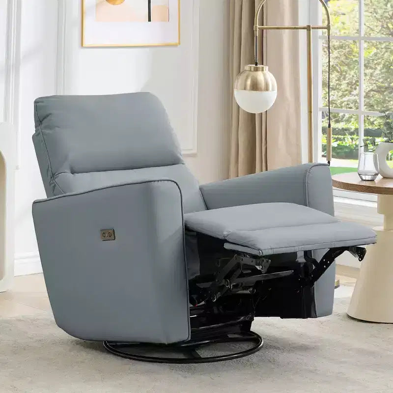 Fauteuil relax pivotant - canapé individuel en similicuir avec accoudoirs incurvés, repose-pieds réglable et dossier rembourré, idéal pour le salon ou la chambre de bébé.