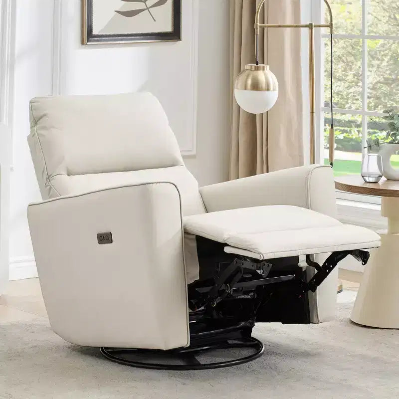 Fauteuil relax pivotant - canapé individuel en similicuir avec accoudoirs incurvés, repose-pieds réglable et dossier rembourré, idéal pour le salon ou la chambre de bébé.