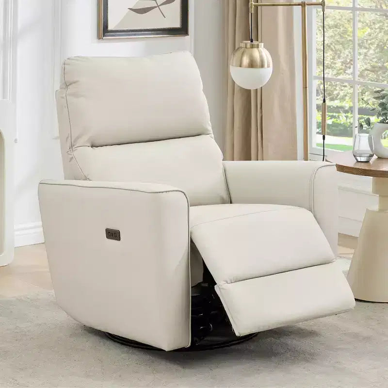 Fauteuil relax pivotant - canapé individuel en similicuir avec accoudoirs incurvés, repose-pieds réglable et dossier rembourré, idéal pour le salon ou la chambre de bébé.