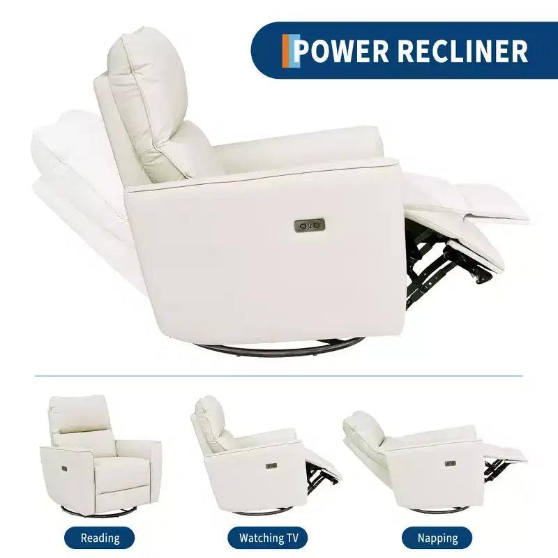 Fauteuil relax pivotant - canapé individuel en similicuir avec accoudoirs incurvés, repose-pieds réglable et dossier rembourré, idéal pour le salon ou la chambre de bébé.