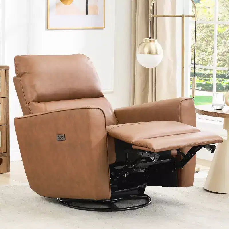 Fauteuil relax pivotant - canapé individuel en similicuir avec accoudoirs incurvés, repose-pieds réglable et dossier rembourré, idéal pour le salon ou la chambre de bébé.