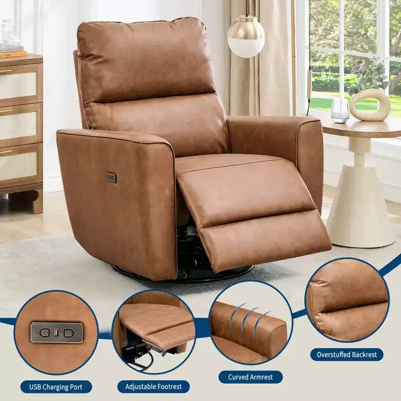 Fauteuil relax pivotant - canapé individuel en similicuir avec accoudoirs incurvés, repose-pieds réglable et dossier rembourré, idéal pour le salon ou la chambre de bébé.