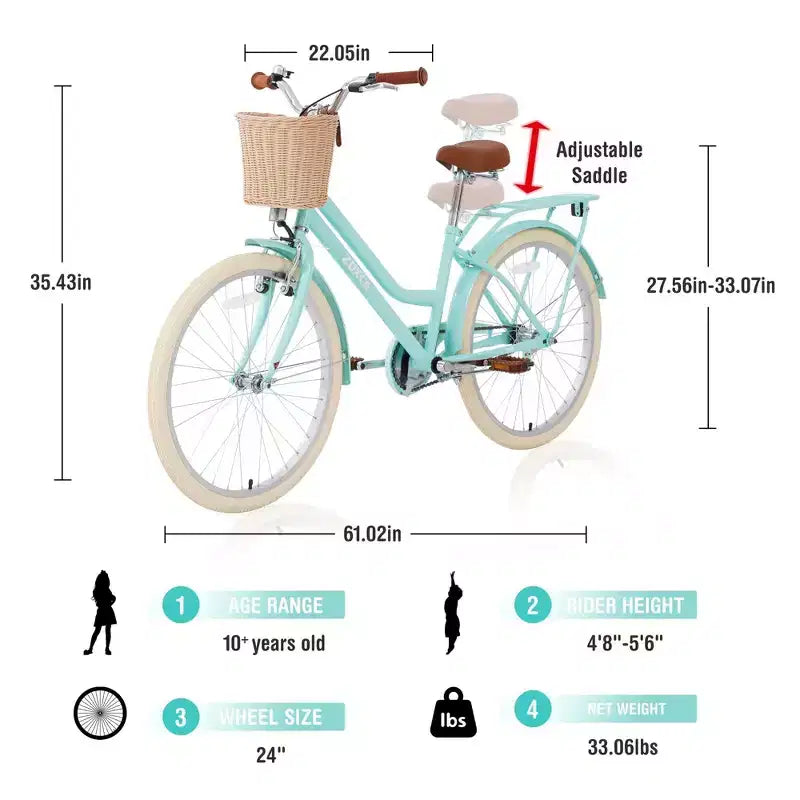 NAYSAYE 24 Inch Girls Cruiser Bike Speed Hybrid City Bicycle for Youth 7-10+ Years Old with Wicker Basket & Rear Rack, Kids Cycle Bikes