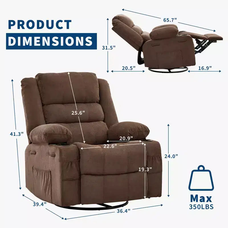 Fauteuil inclinable, pivotant à 360°, avec fonction balancelle et 3 positions manuelles pour adulte, 2 porte-gobelets et 4 poches, idéal pour la chambre d'enfant, le salon, la chambre à coucher ou le bureau.