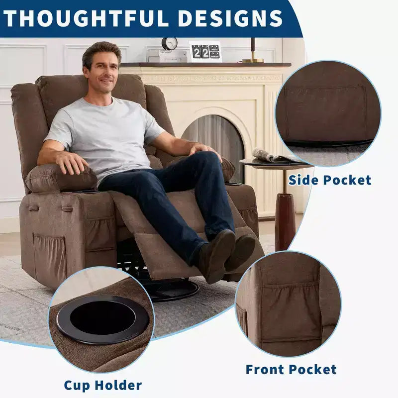 Fauteuil inclinable, pivotant à 360°, avec fonction balancelle et 3 positions manuelles pour adulte, 2 porte-gobelets et 4 poches, idéal pour la chambre d'enfant, le salon, la chambre à coucher ou le bureau.