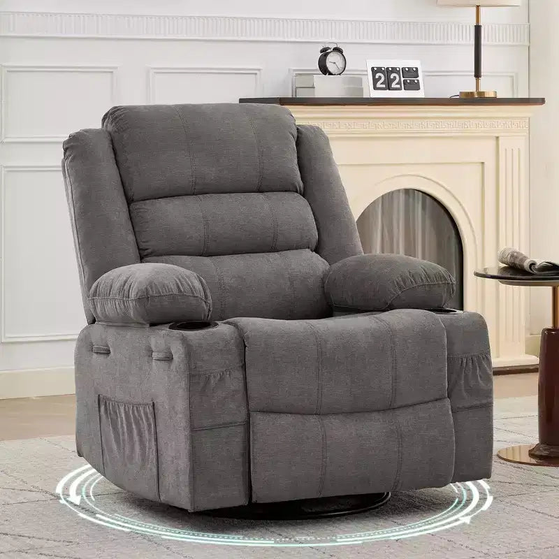 Fauteuil inclinable, pivotant à 360°, avec fonction balancelle et 3 positions manuelles pour adulte, 2 porte-gobelets et 4 poches, idéal pour la chambre d'enfant, le salon, la chambre à coucher ou le bureau.