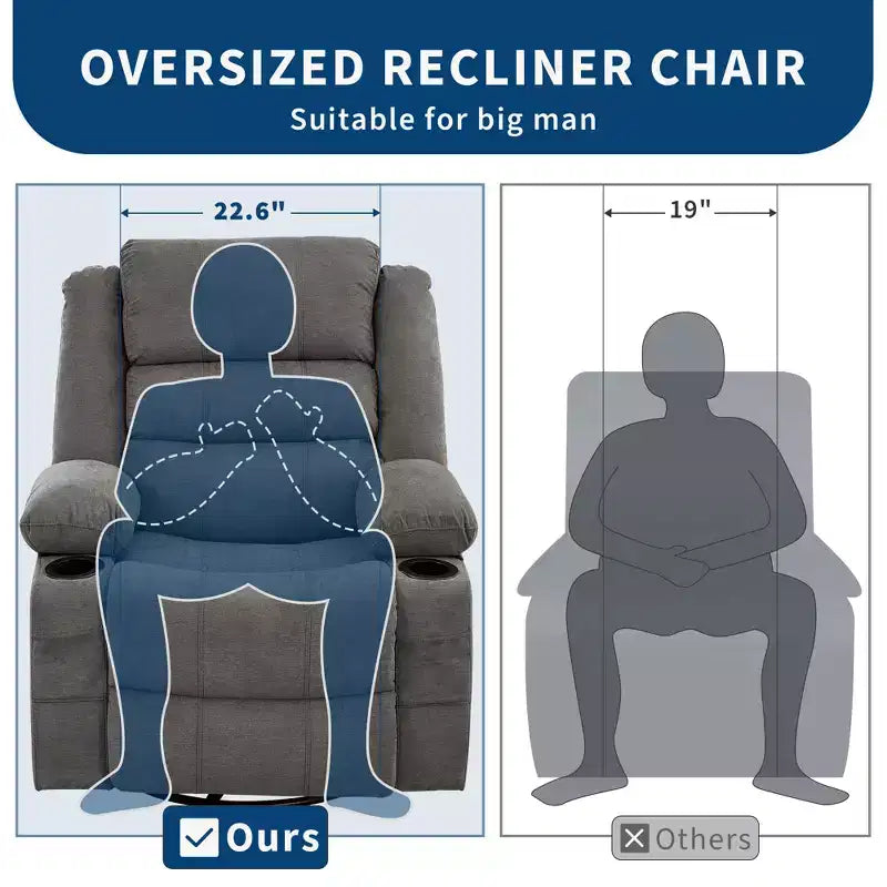 Fauteuil inclinable, pivotant à 360°, avec fonction balancelle et 3 positions manuelles pour adulte, 2 porte-gobelets et 4 poches, idéal pour la chambre d'enfant, le salon, la chambre à coucher ou le bureau.