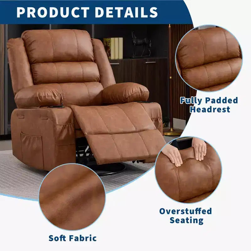 Fauteuil inclinable, pivotant à 360°, avec fonction balancelle et 3 positions manuelles pour adulte, 2 porte-gobelets et 4 poches, idéal pour la chambre d'enfant, le salon, la chambre à coucher ou le bureau.
