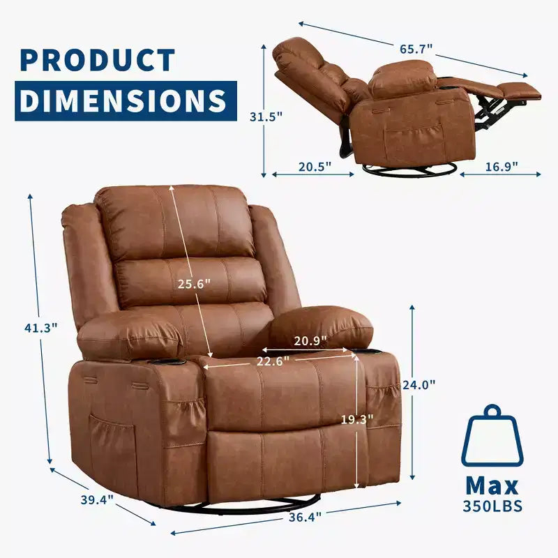 Fauteuil inclinable, pivotant à 360°, avec fonction balancelle et 3 positions manuelles pour adulte, 2 porte-gobelets et 4 poches, idéal pour la chambre d'enfant, le salon, la chambre à coucher ou le bureau.