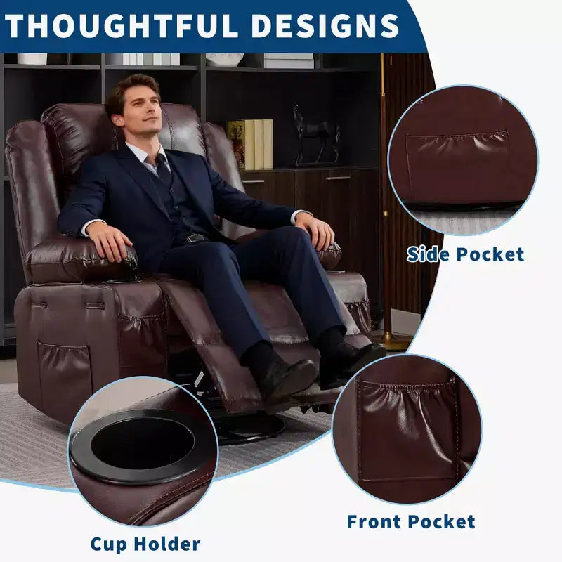 Fauteuil inclinable, pivotant à 360°, avec fonction balancelle et 3 positions manuelles pour adulte, 2 porte-gobelets et 4 poches, idéal pour la chambre d'enfant, le salon, la chambre à coucher ou le bureau.