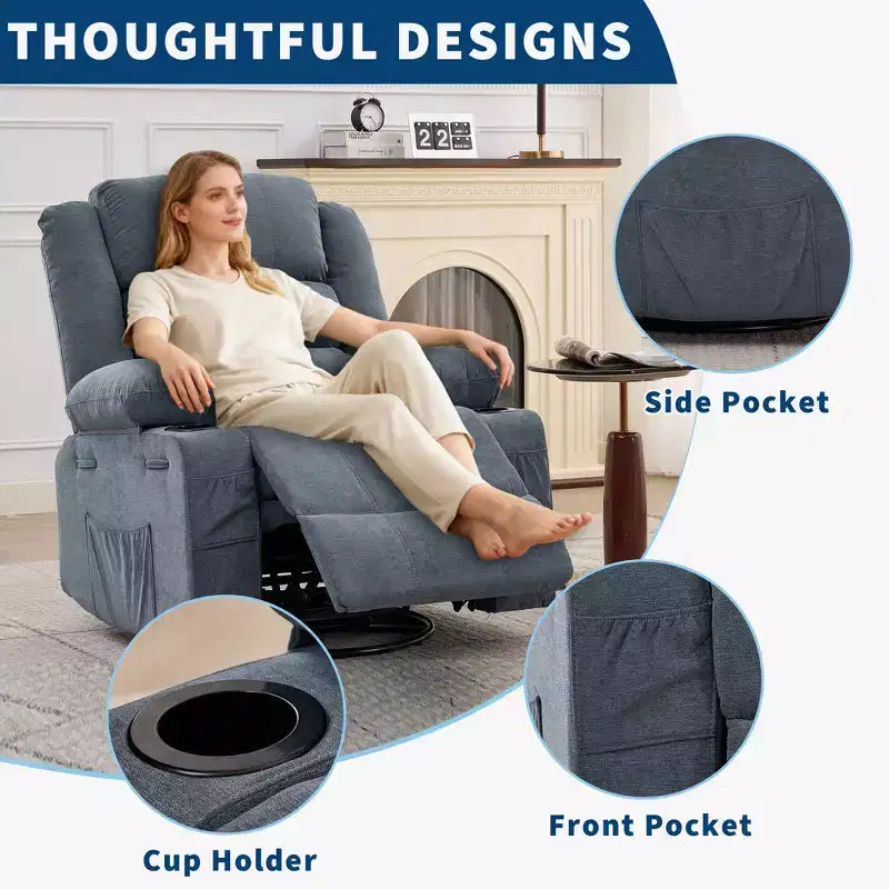 Fauteuil inclinable, pivotant à 360°, avec fonction balancelle et 3 positions manuelles pour adulte, 2 porte-gobelets et 4 poches, idéal pour la chambre d'enfant, le salon, la chambre à coucher ou le bureau.