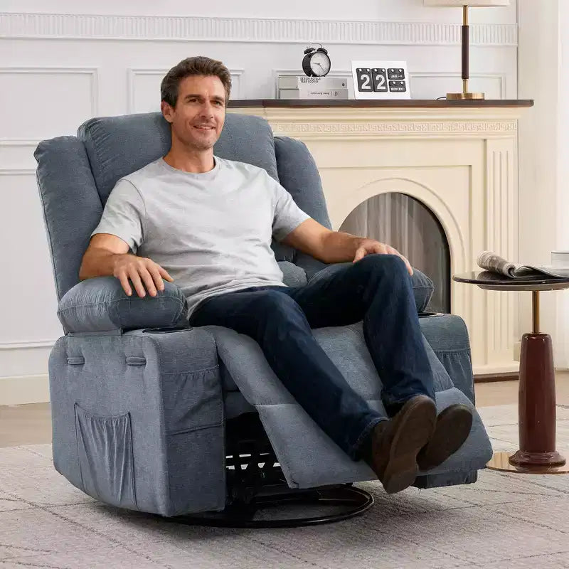 Fauteuil inclinable, pivotant à 360°, avec fonction balancelle et 3 positions manuelles pour adulte, 2 porte-gobelets et 4 poches, idéal pour la chambre d'enfant, le salon, la chambre à coucher ou le bureau.