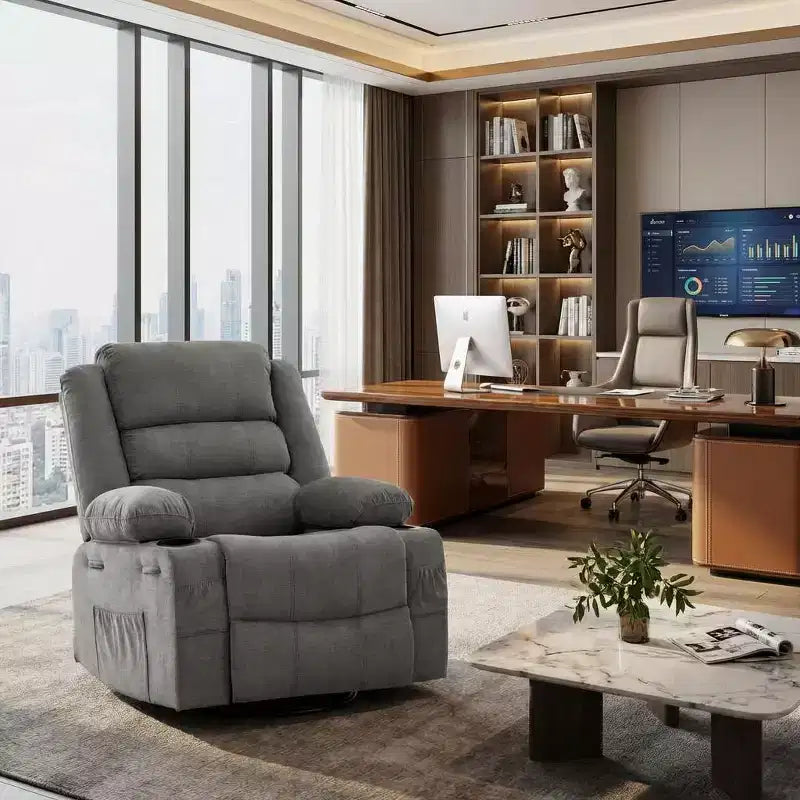 Fauteuil inclinable, pivotant à 360°, avec fonction balancelle et 3 positions manuelles pour adulte, 2 porte-gobelets et 4 poches, idéal pour la chambre d'enfant, le salon, la chambre à coucher ou le bureau.