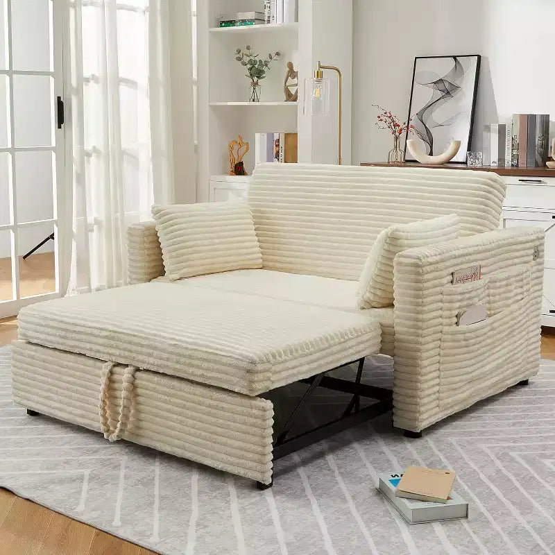 Loveseat Sleeper Sofa Bed, Pull Out Sofa Bed with Charging Ports and Side Pockets, Corduroy Couch with Adjustable Backrest for Living Room, Bedroom
