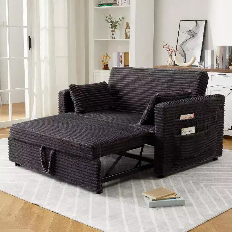 Loveseat Sleeper Sofa Bed, Pull Out Sofa Bed with Charging Ports and Side Pockets, Corduroy Couch with Adjustable Backrest for Living Room, Bedroom